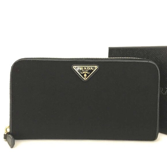 PRADA Logo Plate Nylon Zip Around Long Wallet Black/2BB3699